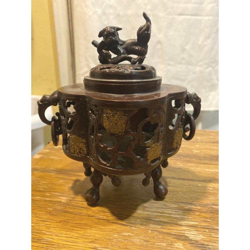 Antique Chinese Bronze Incense Burner With Foo Dog Lid & Ornate Floral Cutout De